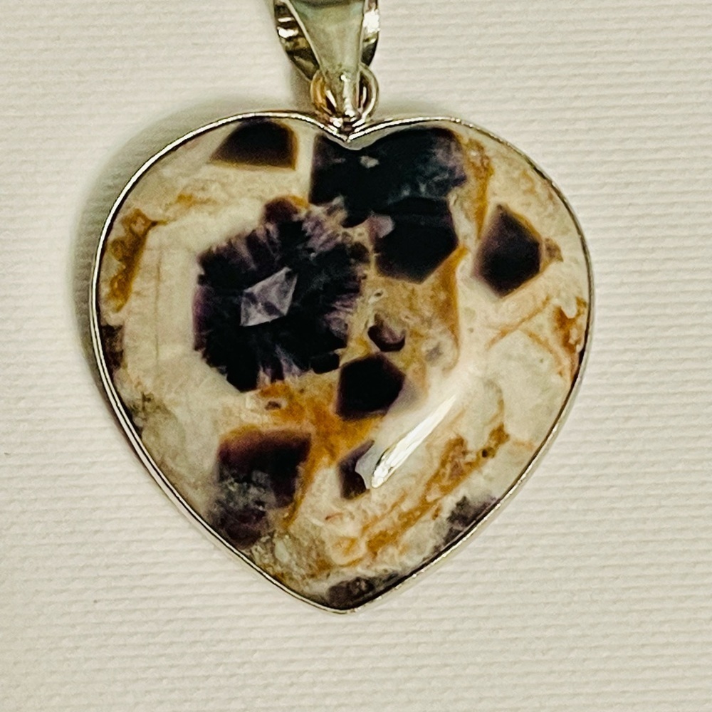 Natural Septarian Heart Pendant Sterling Silver Dragon Stone Cabochon 2 sided